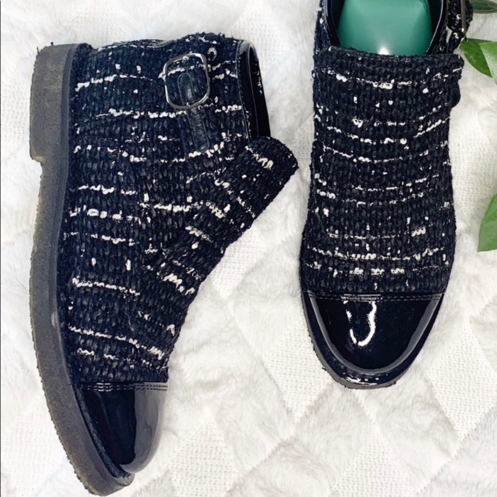 Authentic used Chanel Blue Tweed Booties